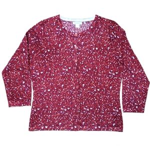 Garnet Hill Cardigan Marino Sweayer Wool Animal Print Pattern Red M NWOT